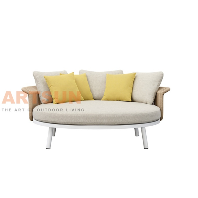 سرير نهاري خارجي فاخر مستدير مع حبل منسوج يدويًا ووسائد ناعمة