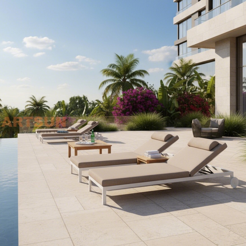 كراسي التشمس الفاخرة المصنوعة من الألومنيوم في الهواء الطلق مع وسادة