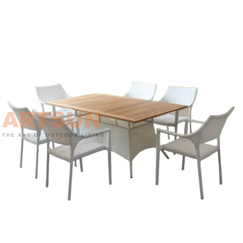 كراسي طعام من الروطان مع سطح طاولة من خشب الساج وقاعدة مصممة من الروطان