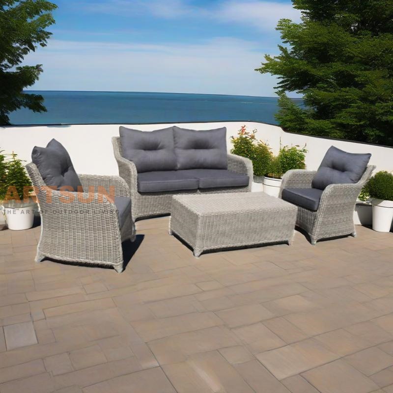 أريكة راتان في الهواء الطلق مجموعة مع وسائد وطاولة القهوة - 4 قطع أثاث الفناء