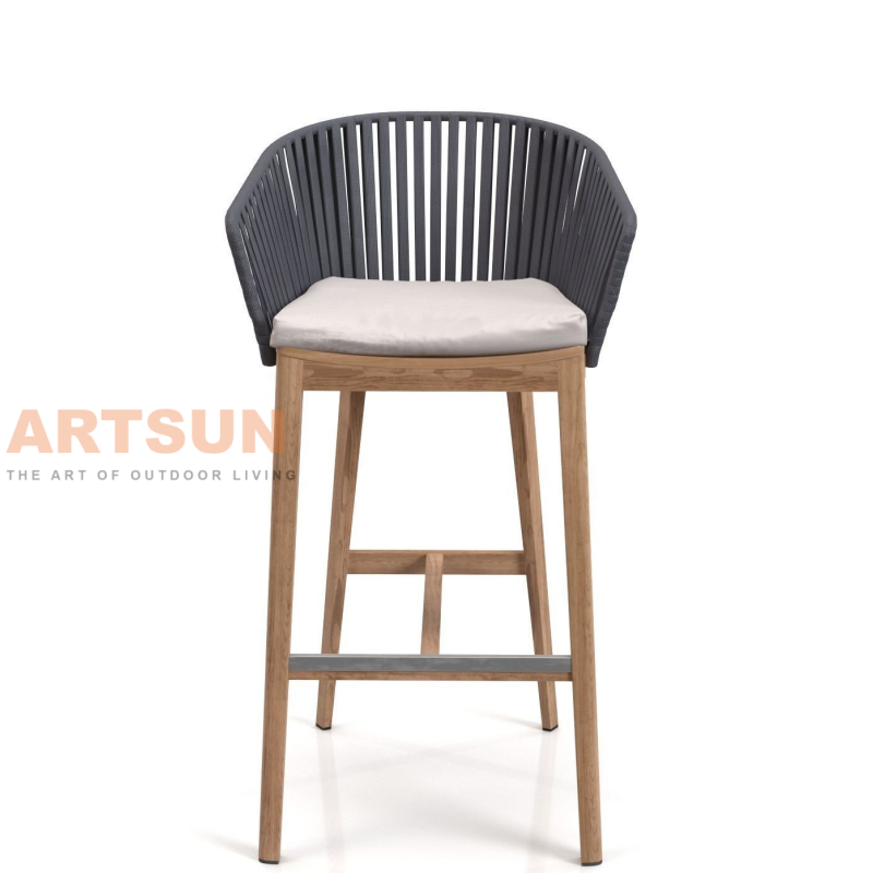 كرسي بار أنيق من خشب الساج في الهواء الطلق مع مسند ذراع من الحبال المنسوجة لمنتجع الفناء وبار السطح